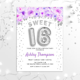 Sweet 16 Birthday Party - Purple Silver Balloons Invitation