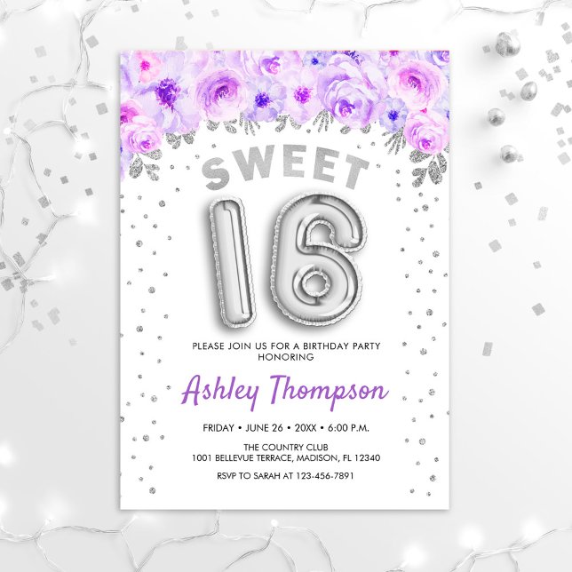 Sweet 16 Birthday Party - Purple Silver Balloons Invitation (Creator Uploaded)