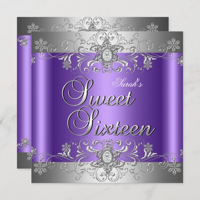 Sweet 16 Birthday Party Purple Silver Diamond Invitation (Front/Back)