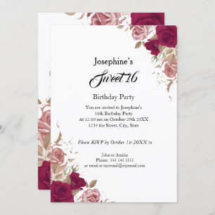 Sweet 16 Birthday Party Red Pink Roses Invitation