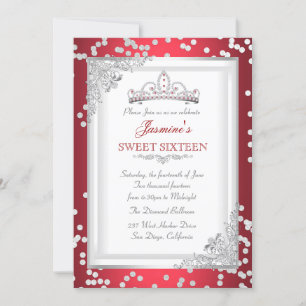 Sweet 16 Birthday Party Red Silver White Tiara Invitation