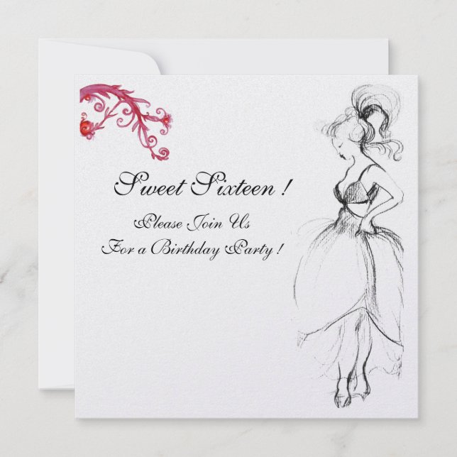 SWEET 16 BIRTHDAY PARTY Red Swirls Black White Invitation (Front)