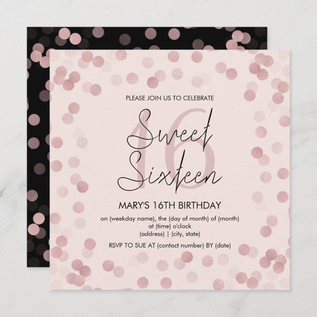 Sweet 16 Birthday Party Rose Gold Glam Glitter Invitation (Front/Back)