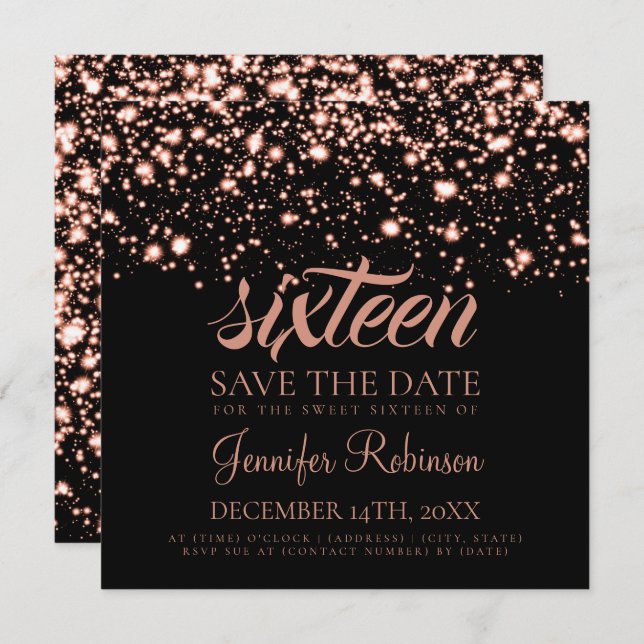 Sweet 16 Birthday Party Rose Gold Midnight Glam Invitation (Front/Back)