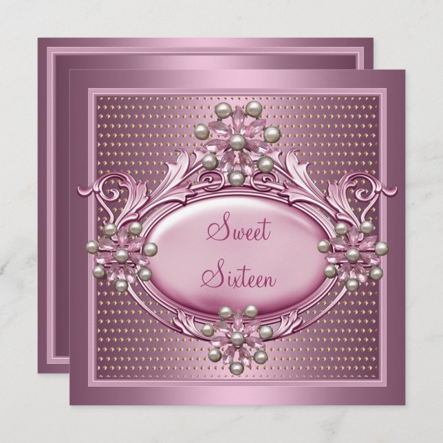 Sweet 16 Birthday Party Satin Pink Pearl Jewel Invitation (Front/Back)
