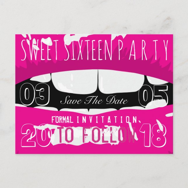 Sweet 16 Birthday Party Save The Date Pink Lips Announcement Postcard (Front)
