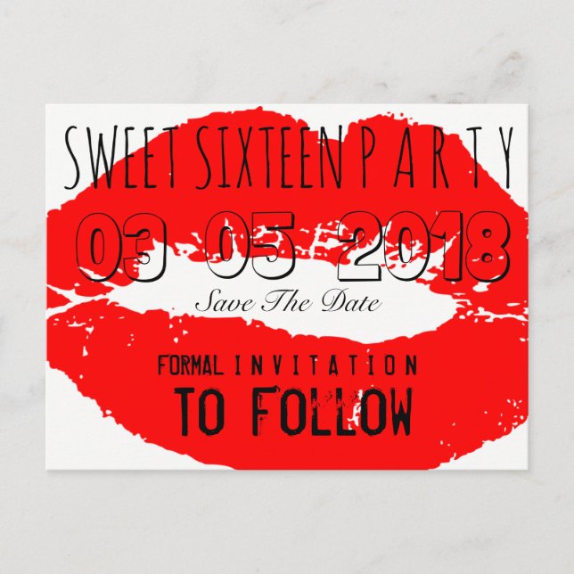 Sweet 16 Birthday Party Save The Date Red Lips Announcement Postcard (Front)