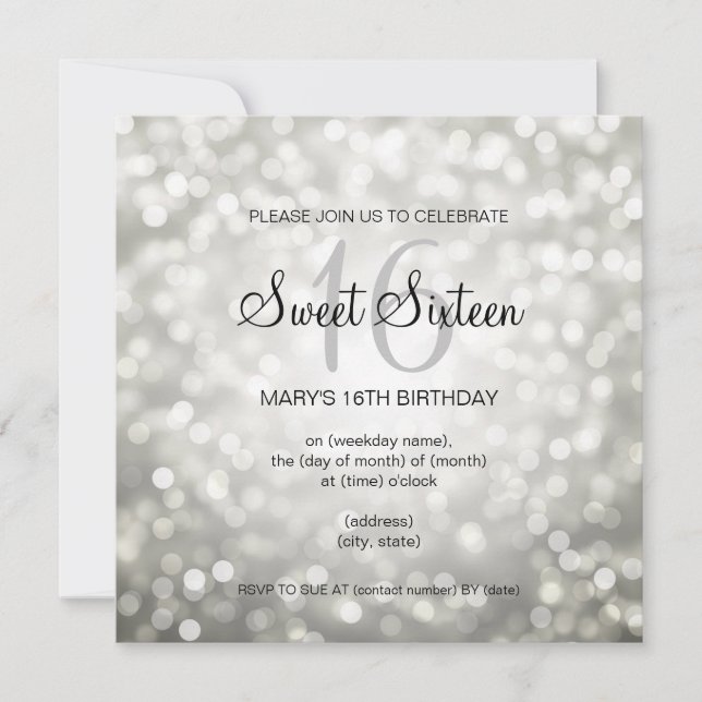 Sweet 16 Birthday Party Silver Glitter Lights Invitation (Front)