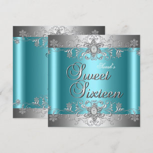 Sweet 16 Birthday Party Teal Blue Silver Diamond Invitation