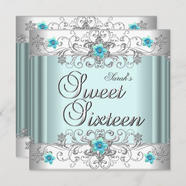 Sweet 16 Birthday Party Teal Blue White Diamond Invitation (Front/Back)