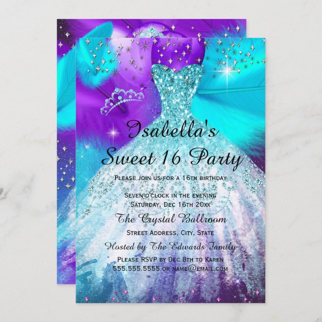 Sweet 16 Birthday Party Teal Purple Balloons Invitation (Front/Back)