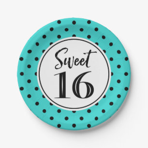 Sweet 16 Birthday Party Turquoise White Black Dots Paper Plate