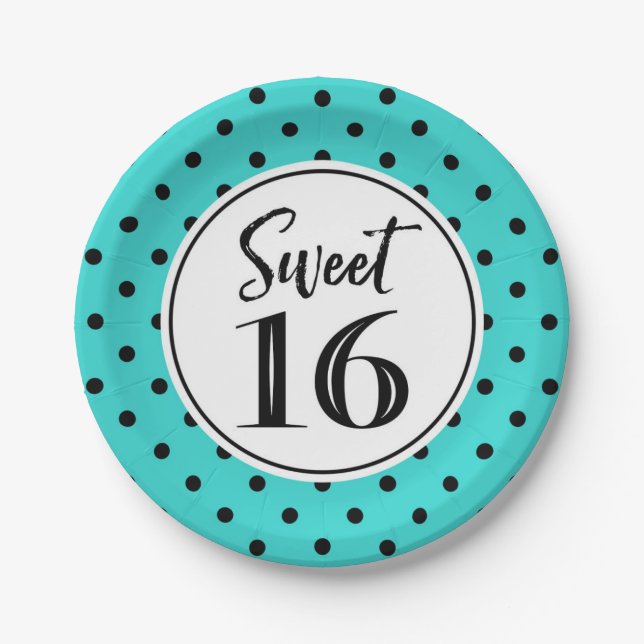 Sweet 16 Birthday Party Turquoise White Black Dots Paper Plate (Front)