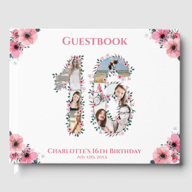 Sweet 16 Birthday Photo Collage Flower Girl White Guest Book (Front)