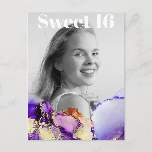 *~* Sweet 16 Birthday Photo GOLD PURPLE PINK  AP29 Invitation Postcard (Front)