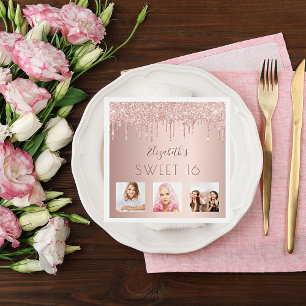 Sweet 16 birthday photo rose gold pink drips napkin