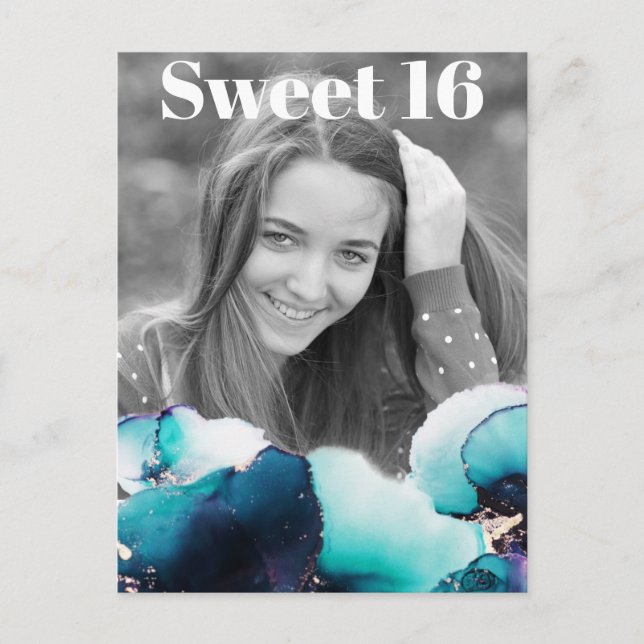*~* Sweet 16 Birthday Photo TEAL Abstract AP29  In Invitation Postcard (Front)