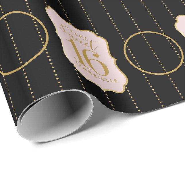 Sweet 16 Birthday Pink Black Personalised Photo Wrapping Paper (Roll Corner)