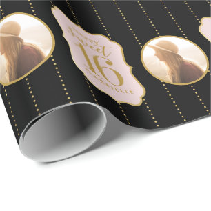 Sweet 16 Birthday Pink Black Personalized Photo Wrapping Paper
