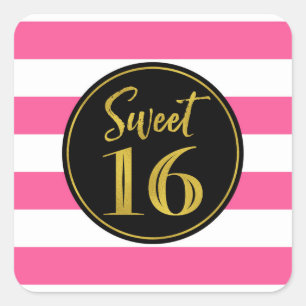 Sweet 16 Birthday Pink Black White Gold Square Sticker