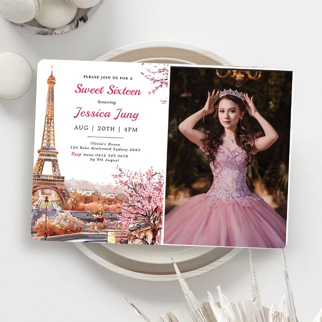 Sweet 16 Birthday Pink Floral Paris Eiffel Photo  Invitation (Creator Uploaded)