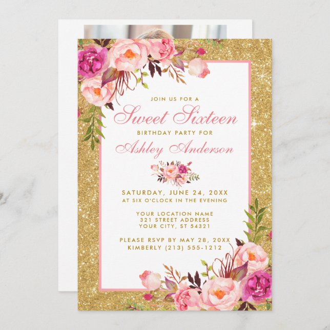 Sweet 16 Birthday Pink Gold Invite - Photo Back (Front/Back)