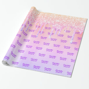 Sweet 16 birthday pink rose gold glitter drips wrapping paper