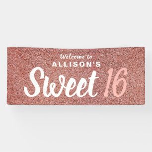 Sweet 16 Birthday Pink Rose Gold Glitter Name Banner