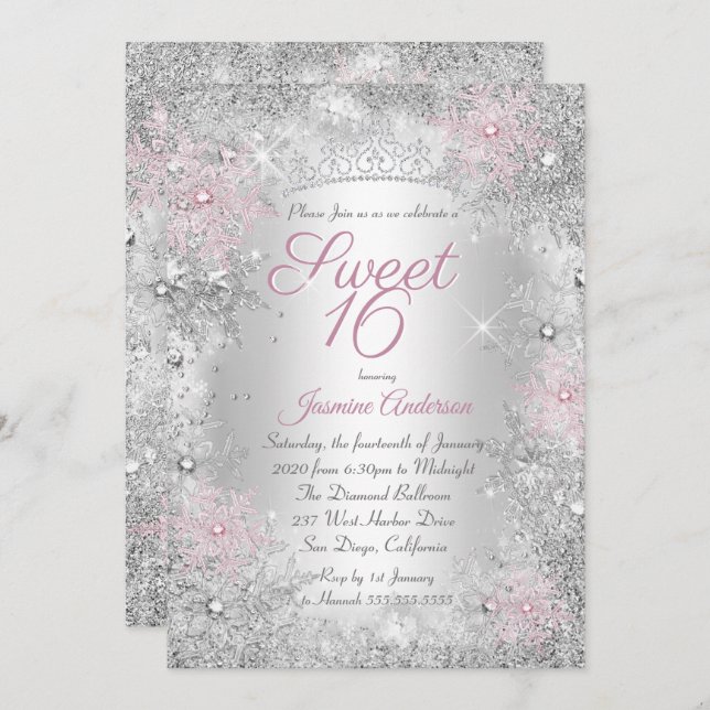 Sweet 16 Birthday Pink Silver Winter Wonderland Invitation (Front/Back)