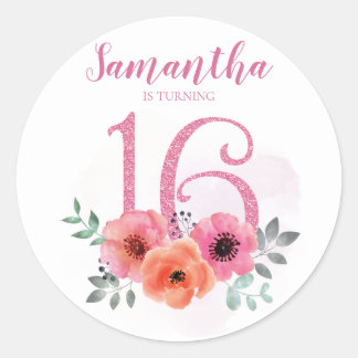 Sweet 16 Birthday Pink Watercolor Floral Glitter Classic Round Sticker