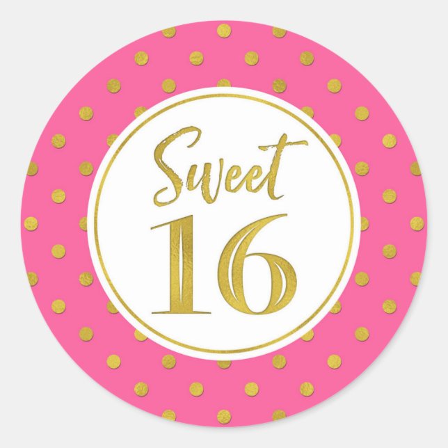 Sweet 16 Birthday Pink White Gold Dots Classic Round Sticker (Front)