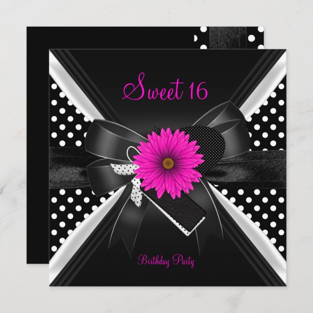 Sweet 16 Birthday Polka Dot  Black White Pink Invitation (Front/Back)