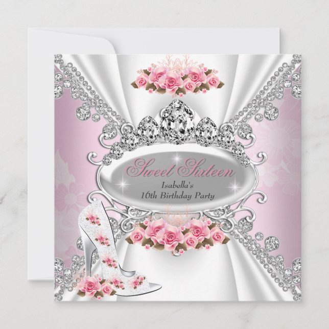 Sweet 16 Birthday Princess Pink Tiara Rose Heels Invitation (Front)