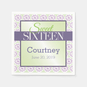 Sweet 16 Birthday Purple Flowers on Green Napkin