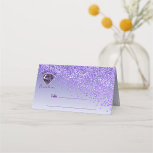 Sweet 16 Birthday Purple Glitter & Purple Gem Place Card