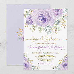 Sweet 16 Birthday Purple Gold Floral Sweet Sixteen Invitation