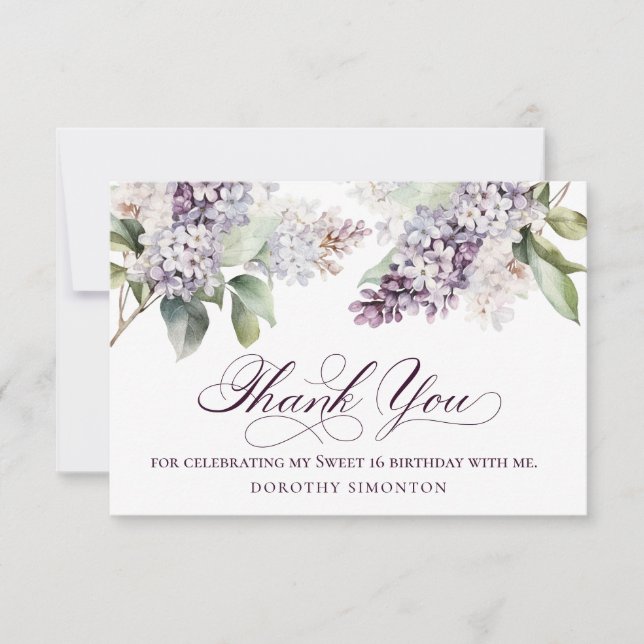 Sweet 16 Birthday Purple Lilac Spring Flower Thank You Card (Front)