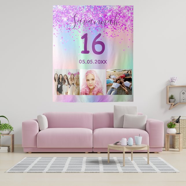 Sweet 16 birthday purple pink holographic photo tapestry (Creator Uploaded)