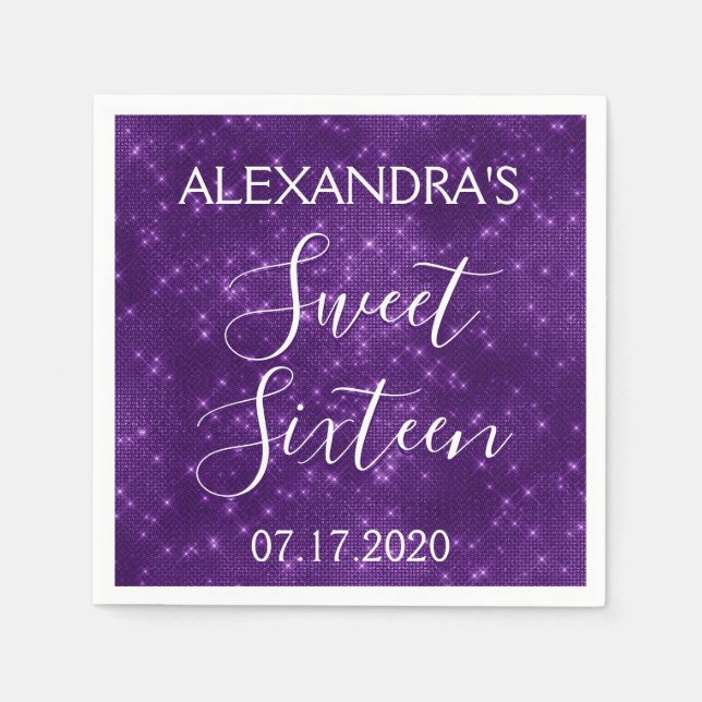 Sweet 16 Birthday Purple Sparkle and Shimmer Napkin (Front)