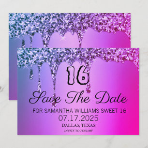 Sweet 16 Birthday Purple Sparkle Glitter Drips Save The Date