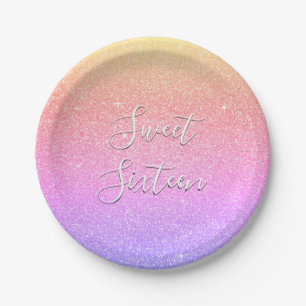 Sweet 16 Birthday Rainbow Pastel Glitter Paper Plate