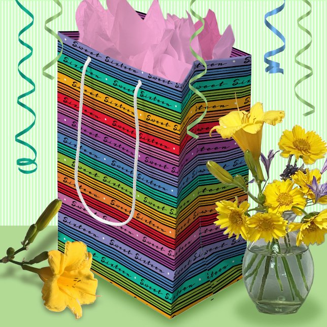 Sweet 16 Birthday Rainbow Stripes Medium Gift Bag (Creator Uploaded)