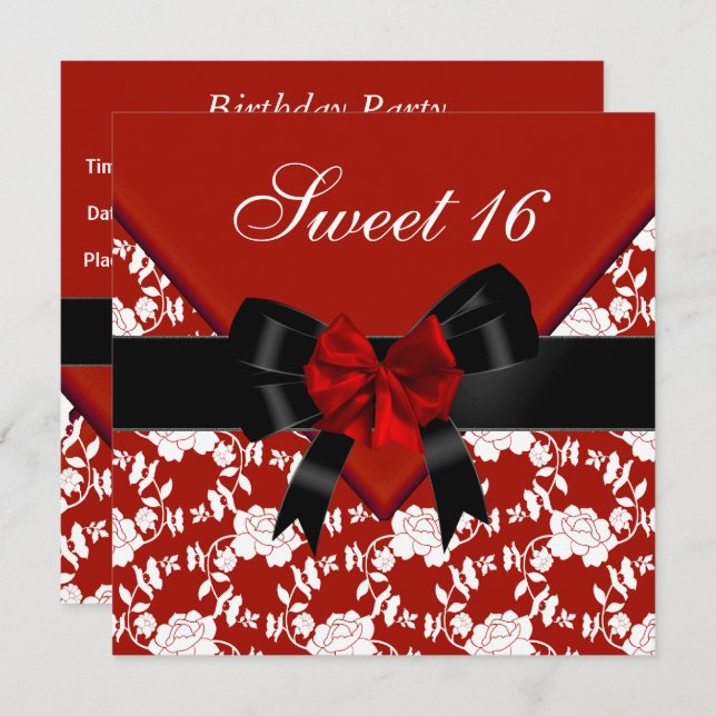 Sweet 16  Birthday Red Black White Floral Bow Invitation (Front/Back)