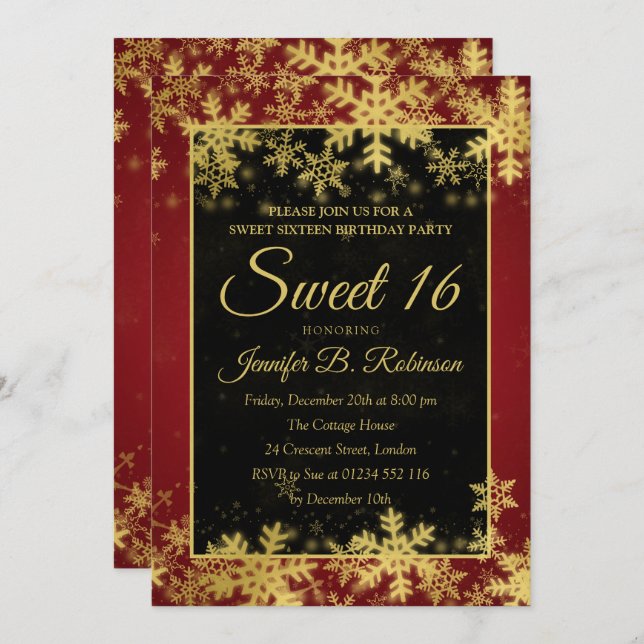 Sweet 16 Birthday Red & Gold Foil Snowflakes Invitation (Front/Back)