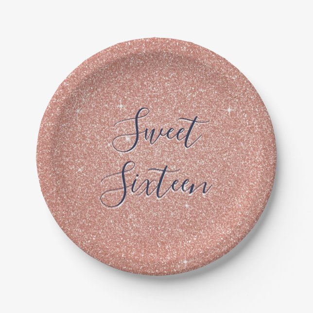 Sweet 16 Birthday Rose Gold Blush Pink Glitter Paper Plate (Front)