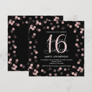 Sweet 16 Birthday Rose Gold Glam Glitter Black  Invitation