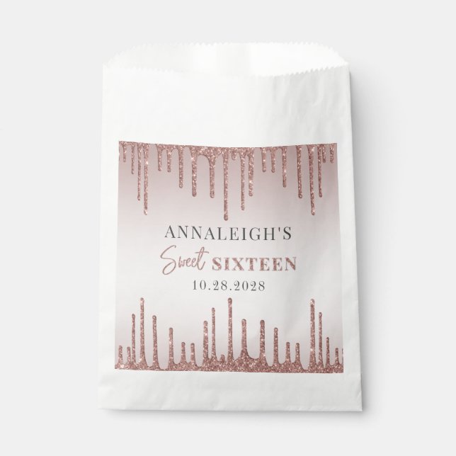 Sweet 16 Birthday Rose Gold Glitter Drip Favour Bag (Front)