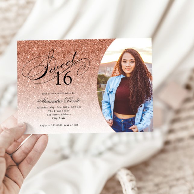 Sweet 16 Birthday Rose Gold Glitter Glam Photo  Invitation (Creator Uploaded)