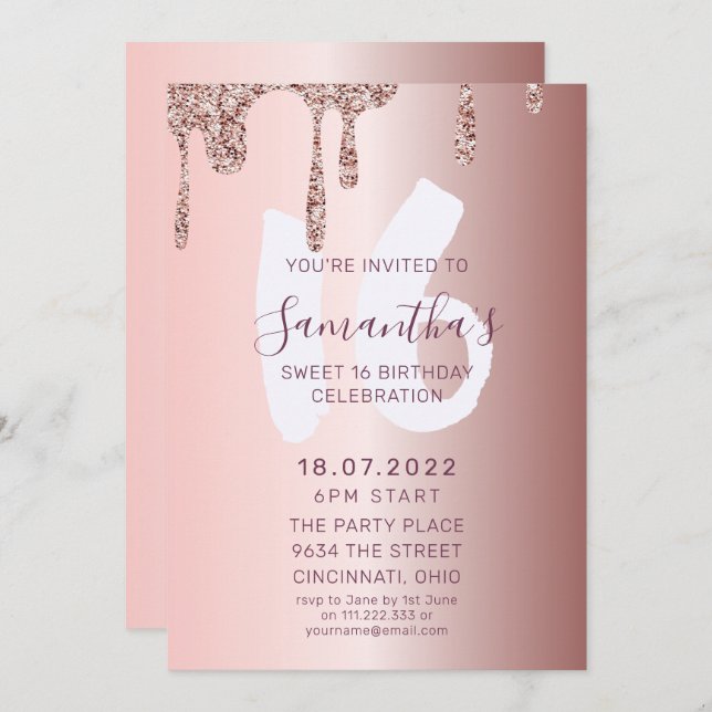 Sweet 16 Birthday Rose Gold Glitter  Invitation (Front/Back)