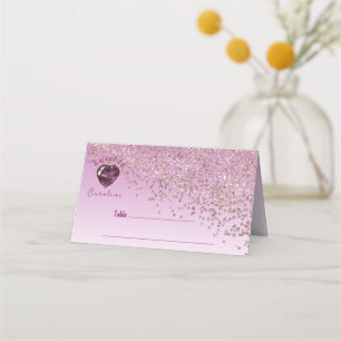 Sweet 16 Birthday Rose Gold Glitter & Pink Gem Place Card